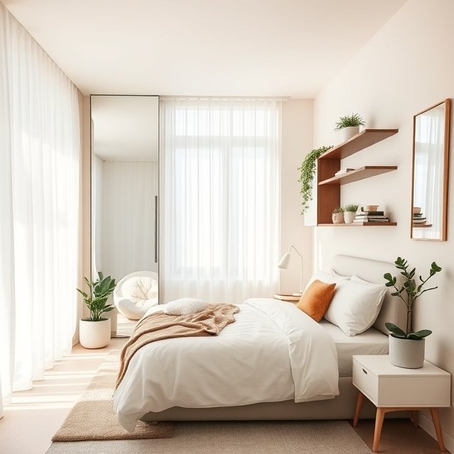 This image features bedroom decor ideas for small rooms, showcasing a minimalist design with light neutral walls, soft bedding, a large mirror, and space-saving furniture to maximise space and natural light