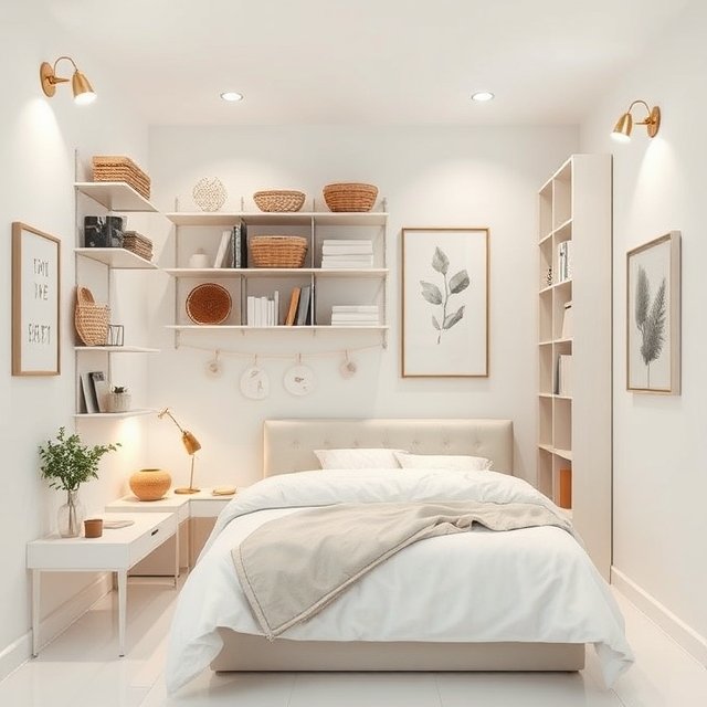 Small bedroom with vertical storage solutions using wall-mounted shelves and minimalist decor