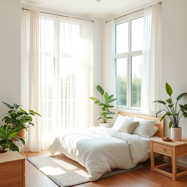 Small bedroom with large windows and sheer curtains for maximizing natural light