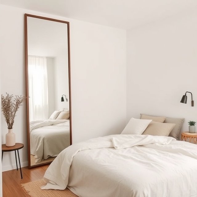 Small bedroom with large mirror creating the illusion of more space