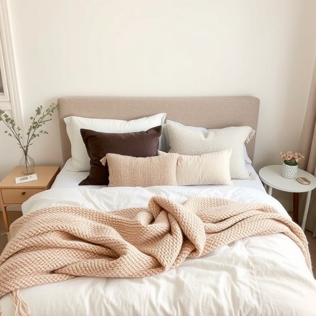 Small bedroom with soft fabrics like velvet cushions and woolen throws for warmth