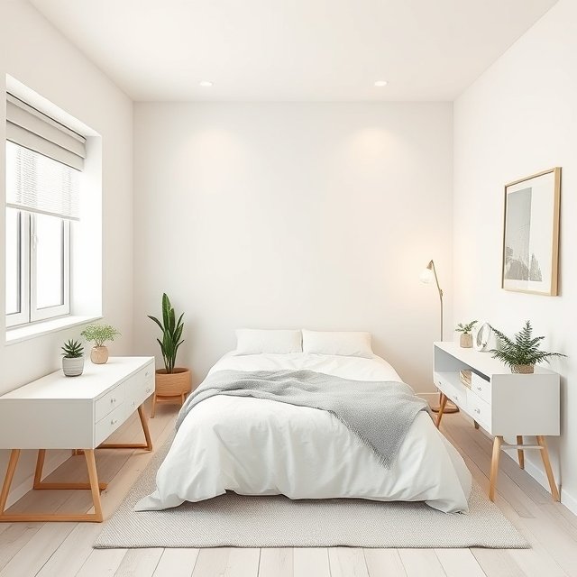 Very small bedroom with light and neutral colours creating a spacious atmosphere