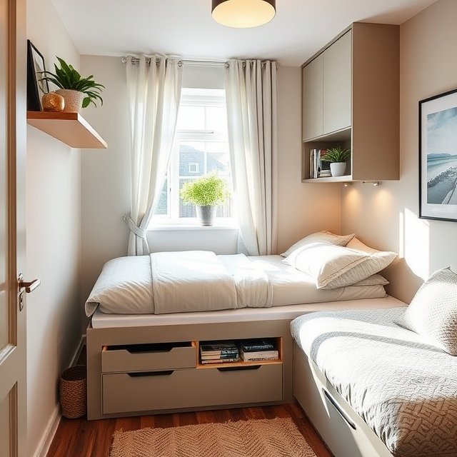 A modern small UK bedroom featuring smart storage solutions, including a bed with drawers, floating shelves with plants and books, and soft lighting. This design creates a spacious, organized feel while keeping the room stylish—perfect for small bedroom storage ideas