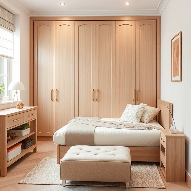 A compact UK bedroom featuring multi-functional furniture, including a fold-out bed with a built-in wardrobe and a stylish storage ottoman. The clever design combines functionality and elegance, perfect for making the most of small bedroom spaces