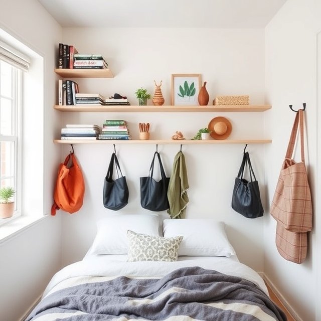 A small UK bedroom showcasing vertical storage solutions with floating shelves above the bed, holding books and decorative items. Wall-mounted hooks display bags and accessories, creating an organised and modern storage solution for small bedrooms