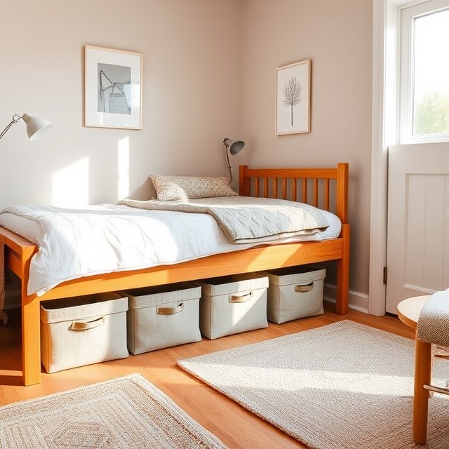 A neatly designed UK bedroom featuring under-bed storage bins and boxes for seasonal clothes and shoes, efficiently utilising unused space while keeping the bedroom uncluttered and stylish