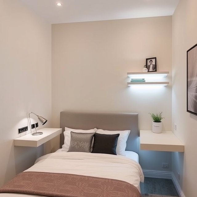 A minimalist UK bedroom showcasing floating nightstands with LED lights and a floating desk, optimising floor space and creating a modern, airy design perfect for small bedrooms