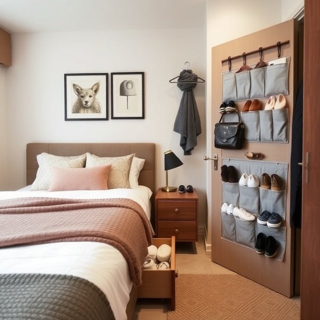 A small UK bedroom featuring hidden storage solutions, including a bed with built-in drawers and an over-the-door organiser. These smart storage ideas help maximise space while keeping the bedroom tidy and functional