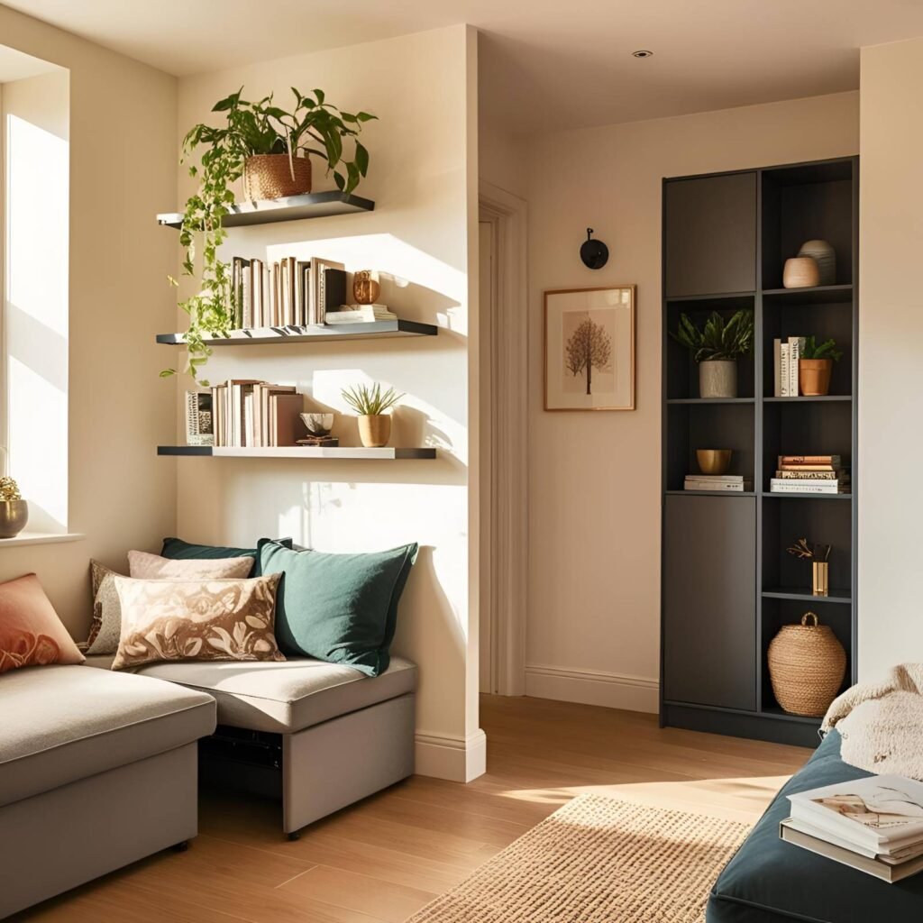 Small UK lounge using hidden and vertical storage solutions