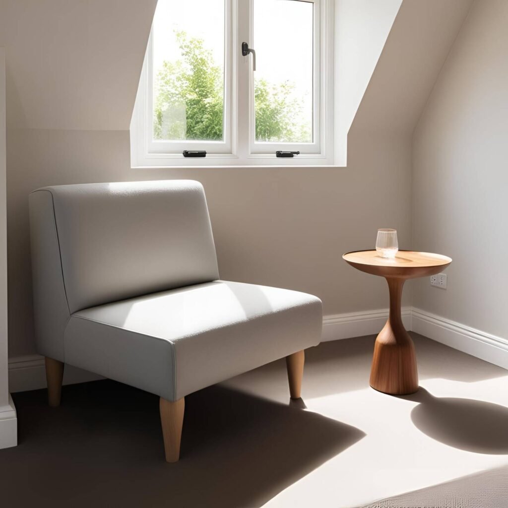 Small living room in UK home with space-saving armless grey sofa