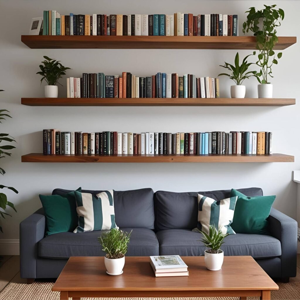 Small English lounge with floating shelves and compact design
