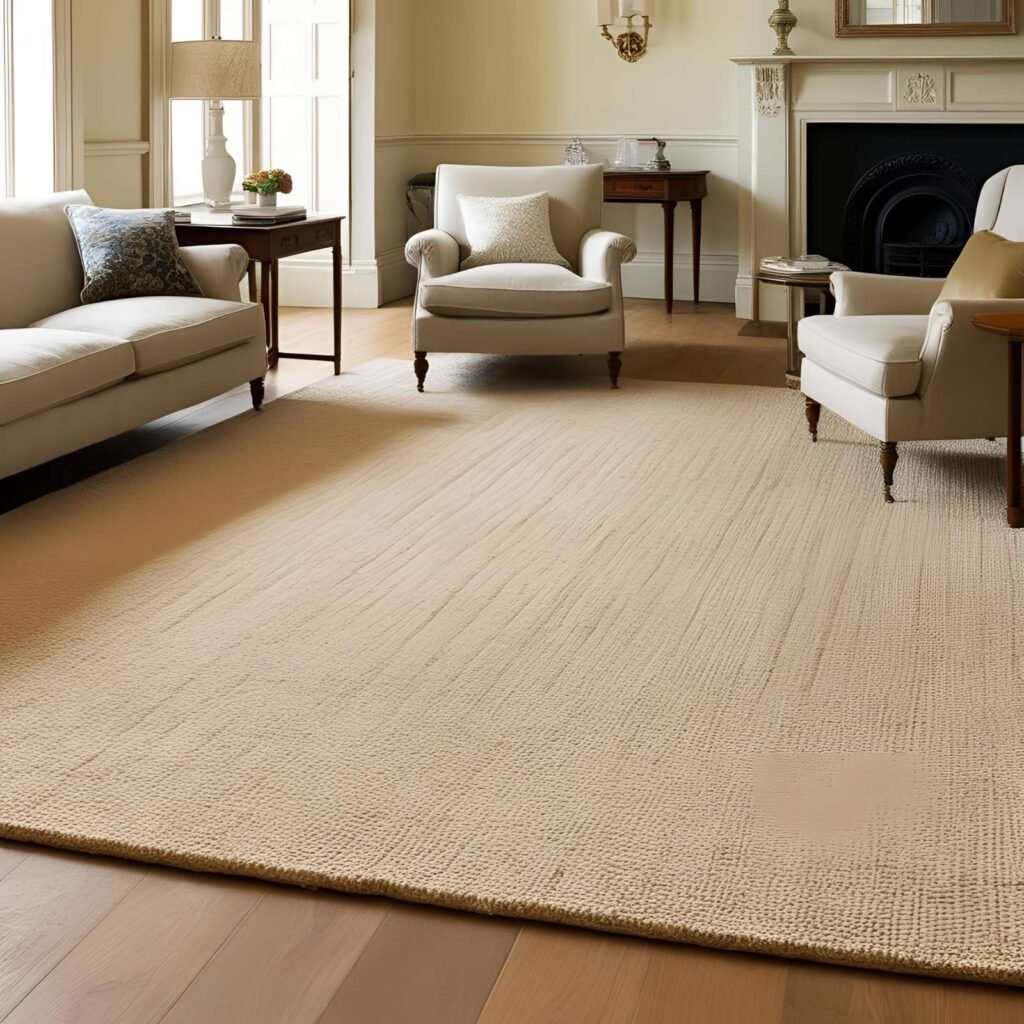 Small UK lounge with oversized beige rug creating space illusion