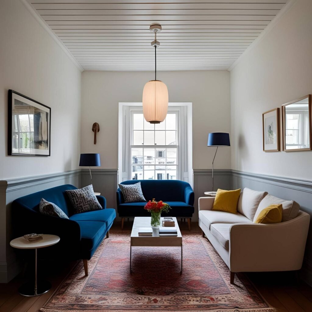 Compact British sitting room with light-coloured ceiling and pendant light