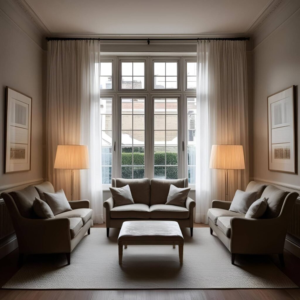 Compact English lounge with sheer curtains and layered lighting