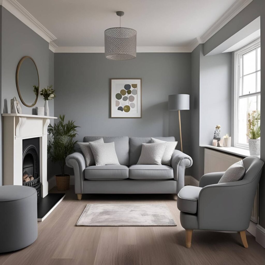 Small British drawing room painted in light grey for openness