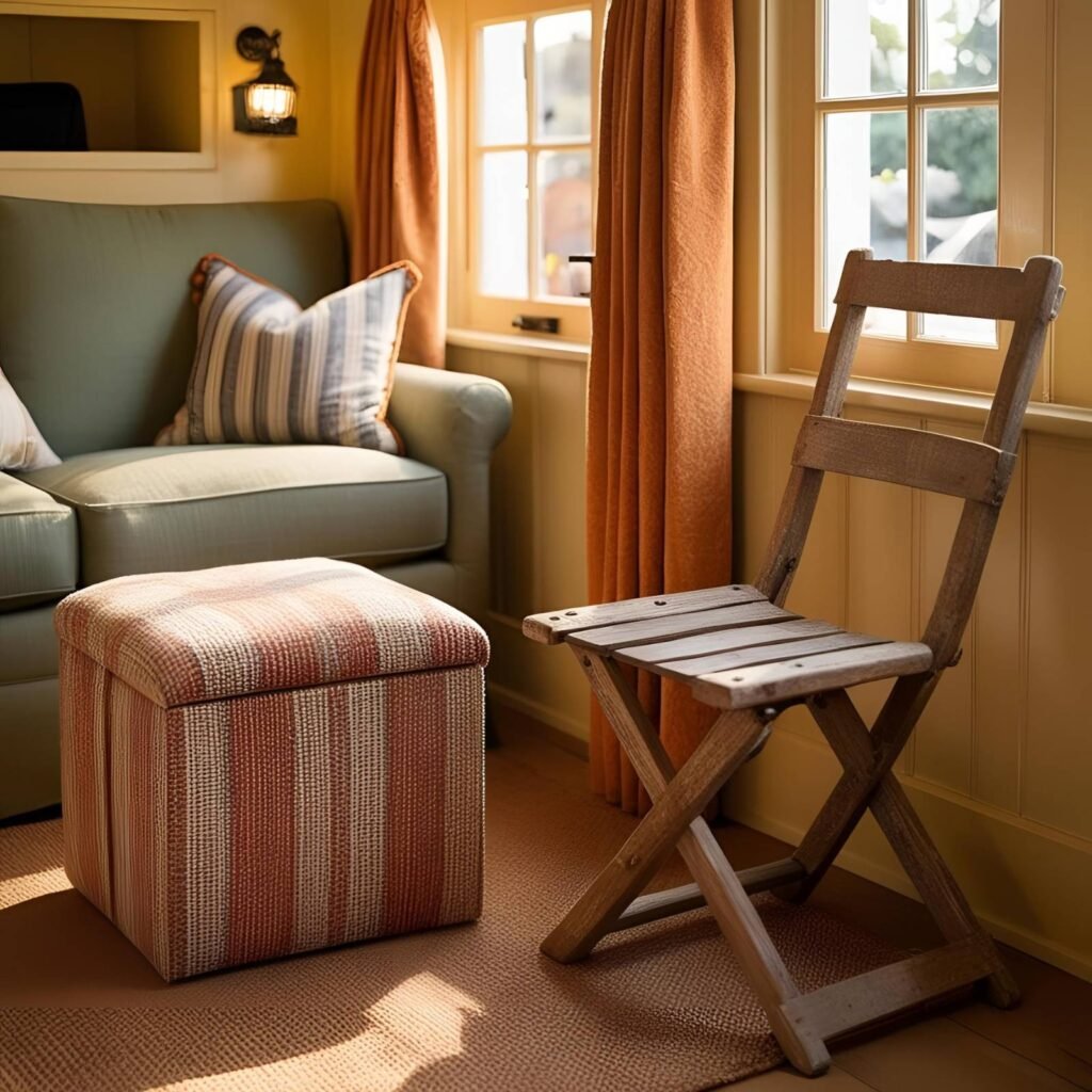Small British sitting room with foldable chair and ottoman storage