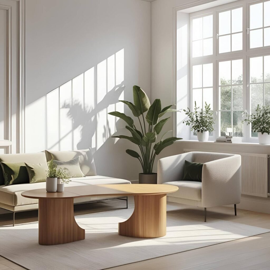 Small UK lounge with C-shaped coffee table to save space