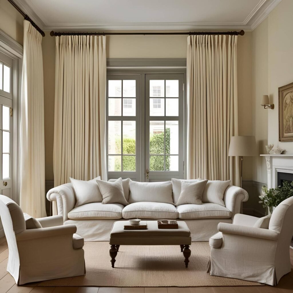 Compact English drawing room with full-length cream curtains