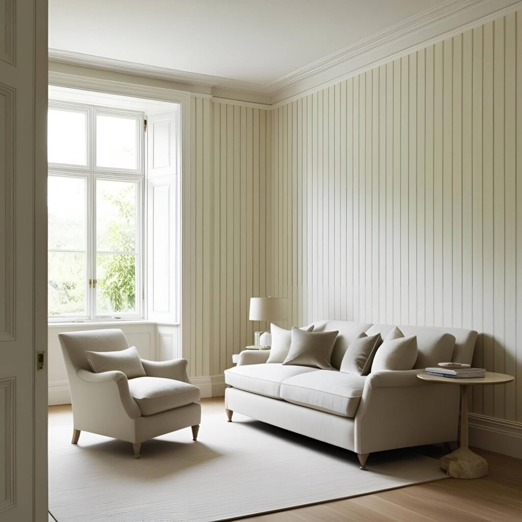 Small British sitting room with light vertical wallpaper patterns