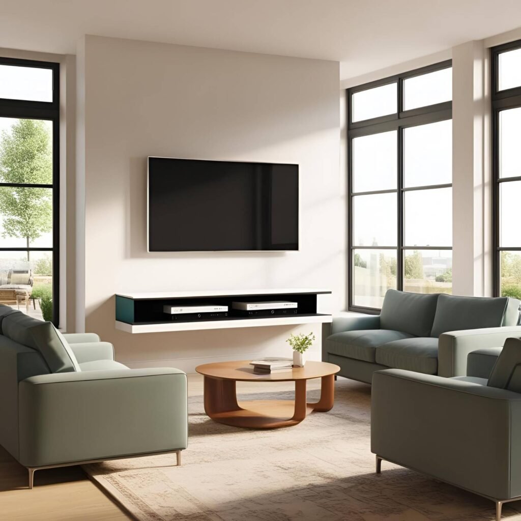 Compact UK drawing room with wall-mounted TV and floating unit